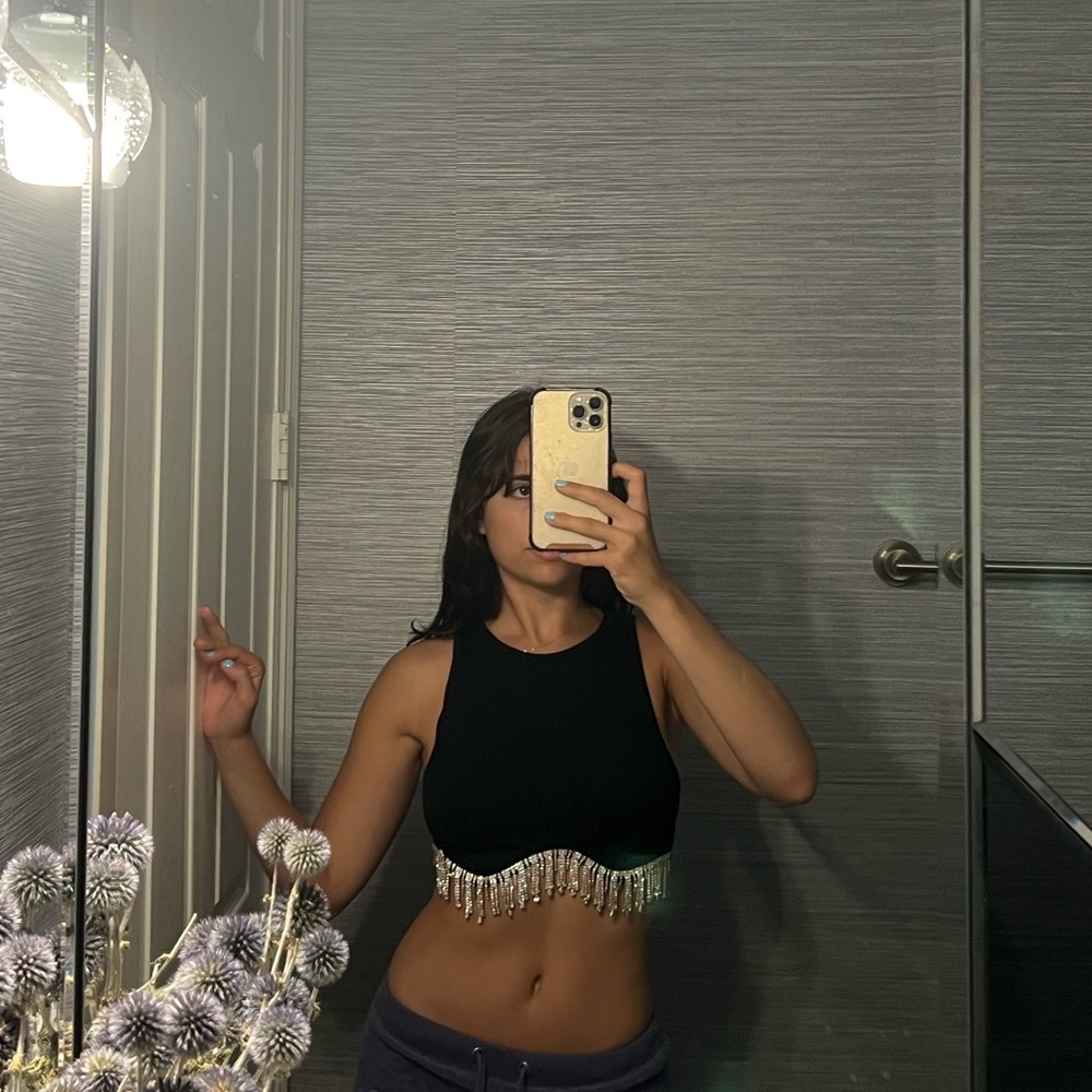 Zara Black Seamless Rhinestone Crop Top